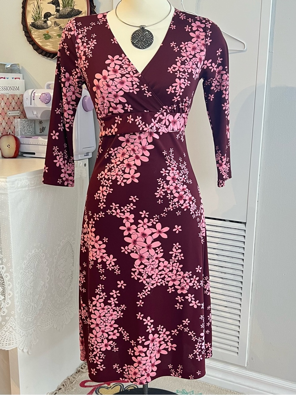 Floral Wrap-Style Burgundy Dress with Pink Blossoms